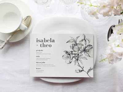 Svadobný jedálniček čierno biely kvetový vzor